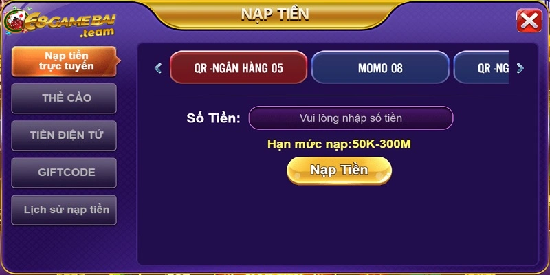 68 game bài cung cấp đa dạng các phương thức nạp tiền